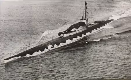 HMS M1 in camouflage pattern; taken surfaced from port bow